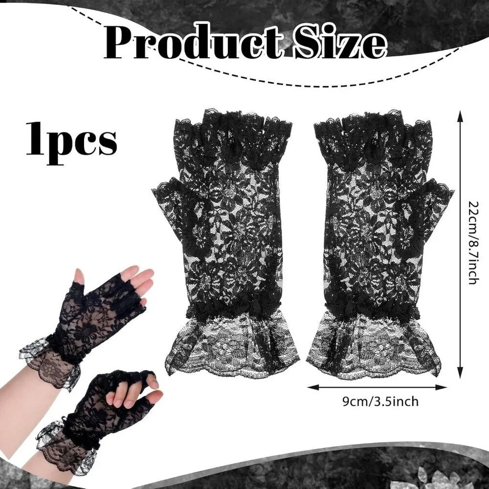 Women's Evening Black Gloves Fingerless Floral Short Lace Party Prom Design